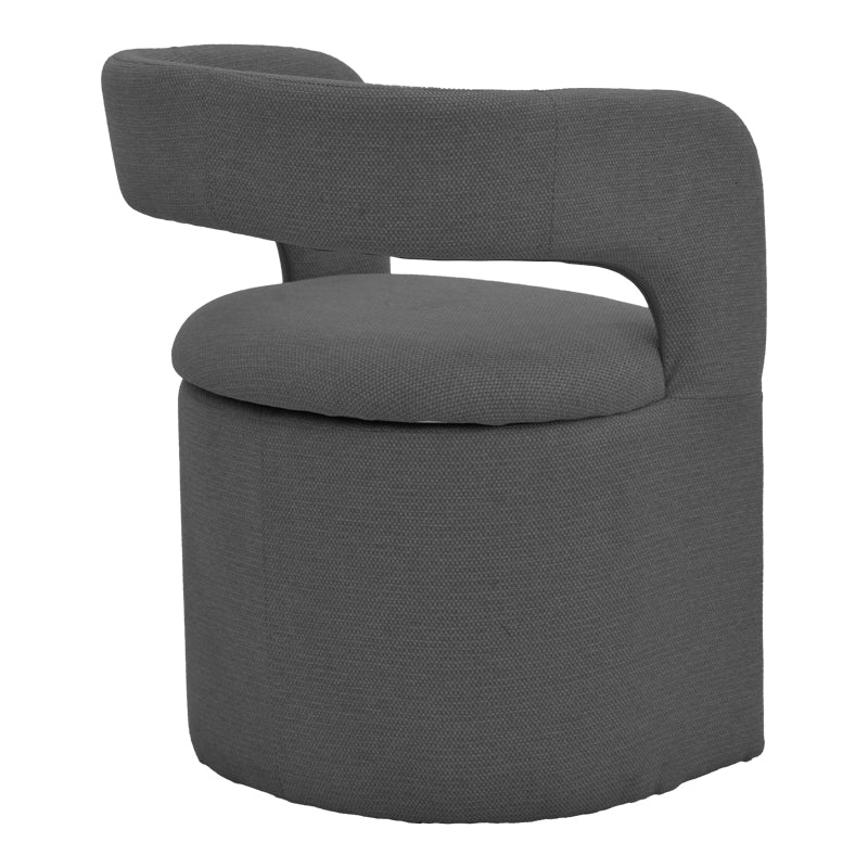 Модерна лоунџ трпезариска фотелја Armchair Umbax со паметна ергономска форма, наслони за раце и мека мат антрацит сива ткаенина врз стабилна темна база