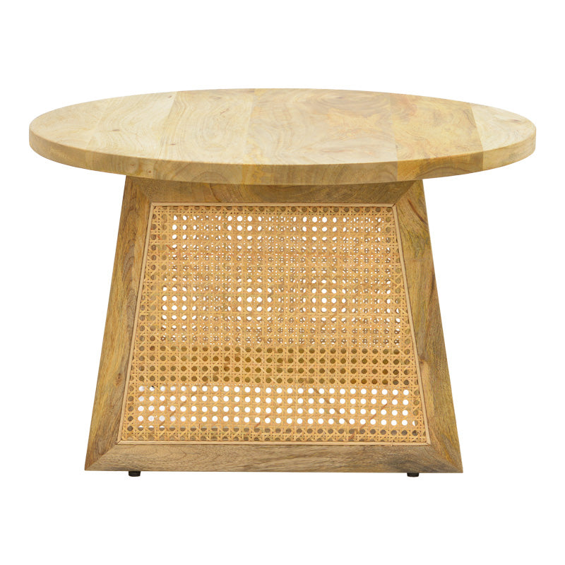 Модерна тркалезна клуб маса Coffee table Xenas со горна површина од масивно манго дрво и раскошна цилиндрична база од рачно ткаен природен ратан во натур нијанса