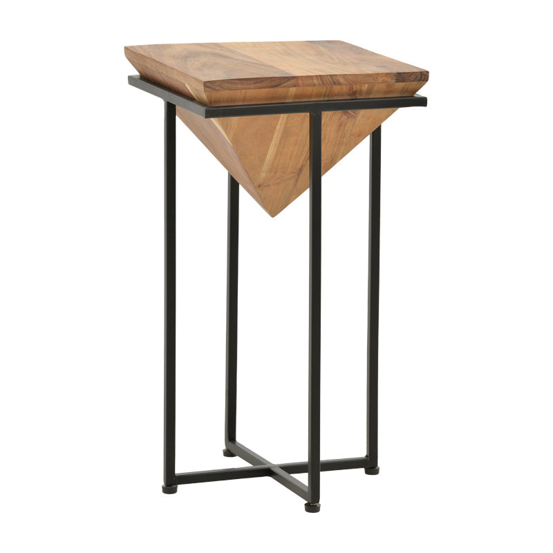 Модерна индустриска помошна масичка Side Table Wilic со квадратна плоча од масивно цврсто дрво акација во природна натур боја и цврсти метални ногарки во мат црн тон