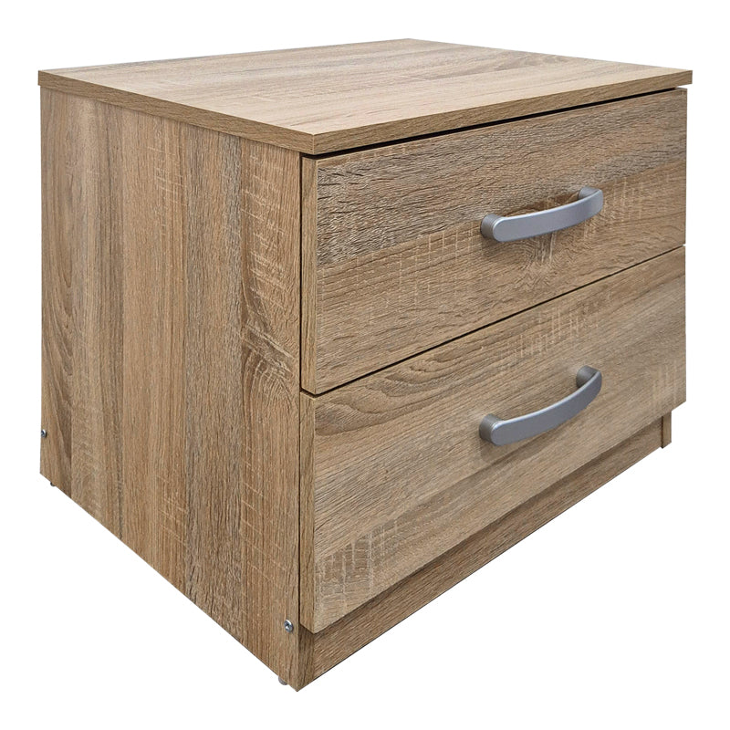 Модерна компактна ноќна масичка Bedside Table Vedaia во природен светл сонома декор, со паметна функционална фиока за складирање и отворена лоунџ полица