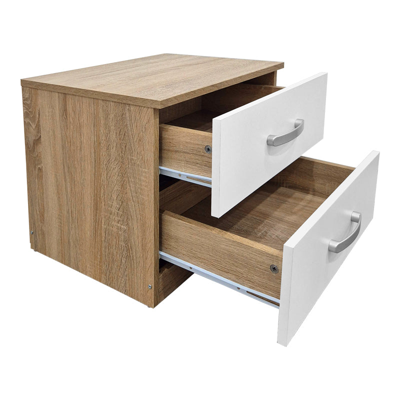 Модерна компактна ноќна масичка Bedside Table Vedaet со надворешна рамка во сонома декор, паметна мат бела фиока за складирање и отворена лоунџ полица